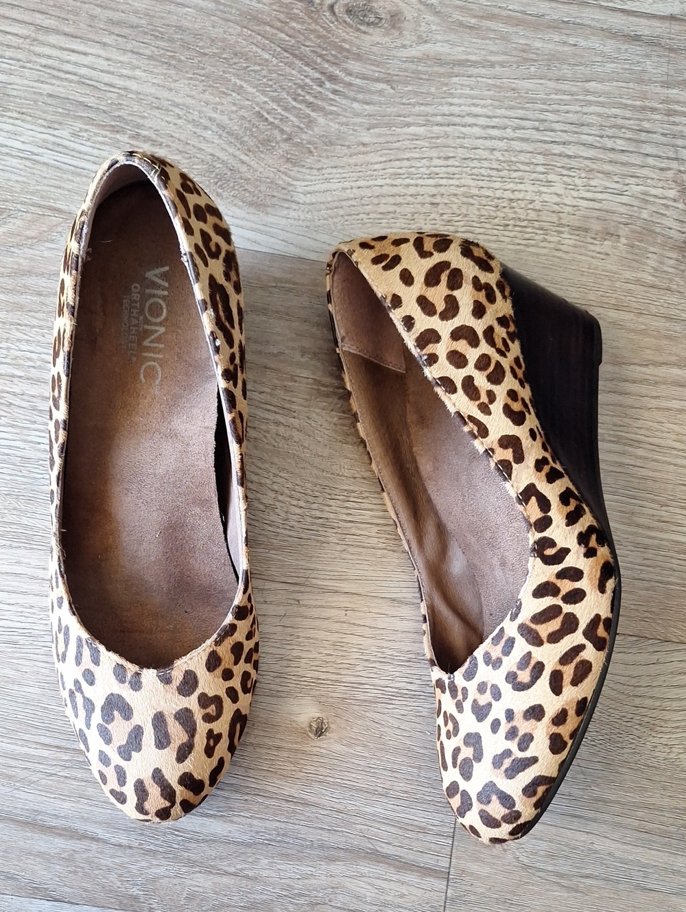 Vionic Leopard-Print Wedge Pumps in Tan and Brown